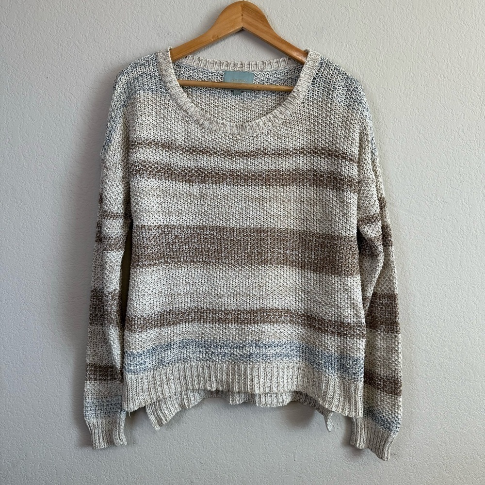 Skies Are Blue Tan Crochet Cotton Stripe Chunky Knit Long Sleeve Sweater Medium